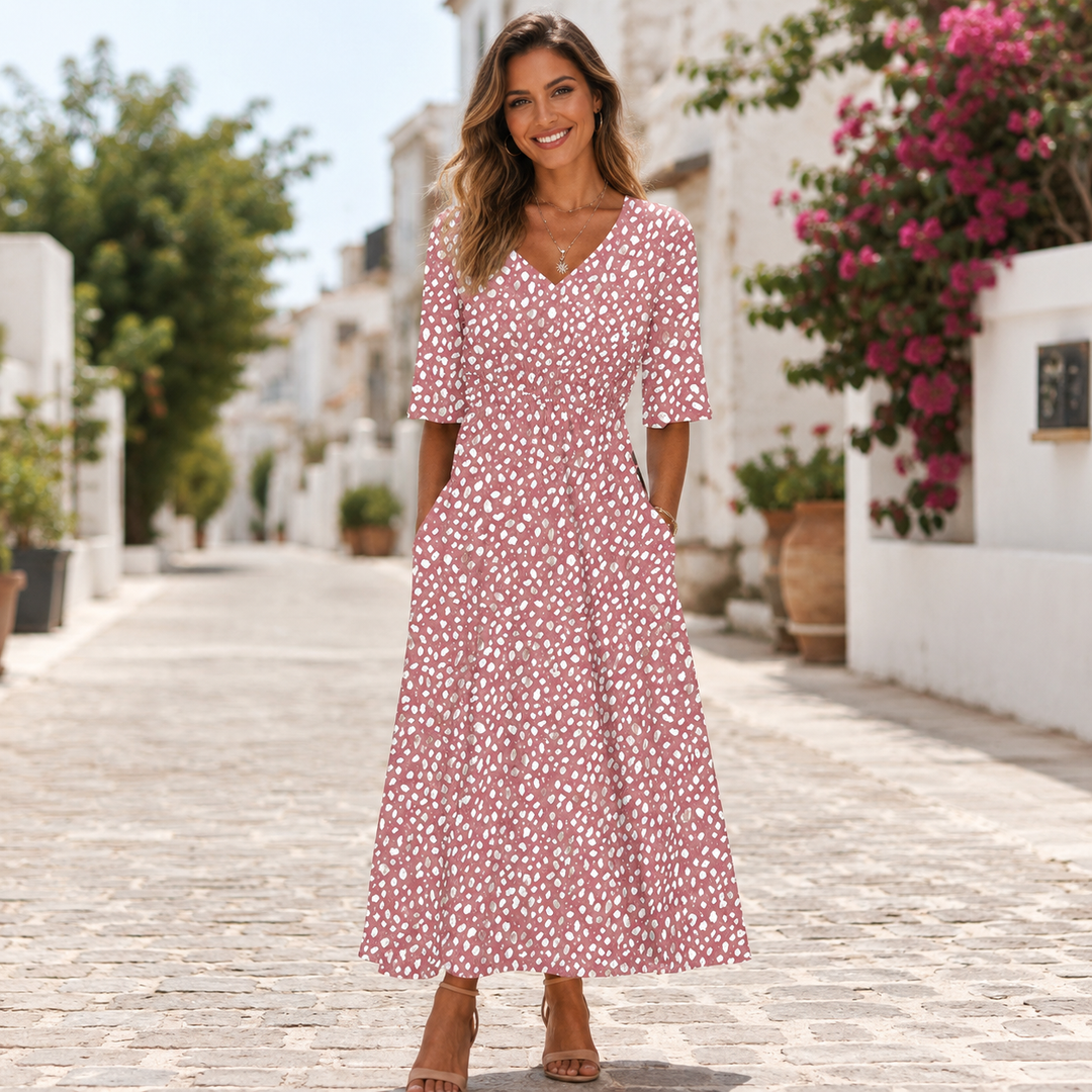 Sofia – Elegante abito midi con design camuffante per la pancia