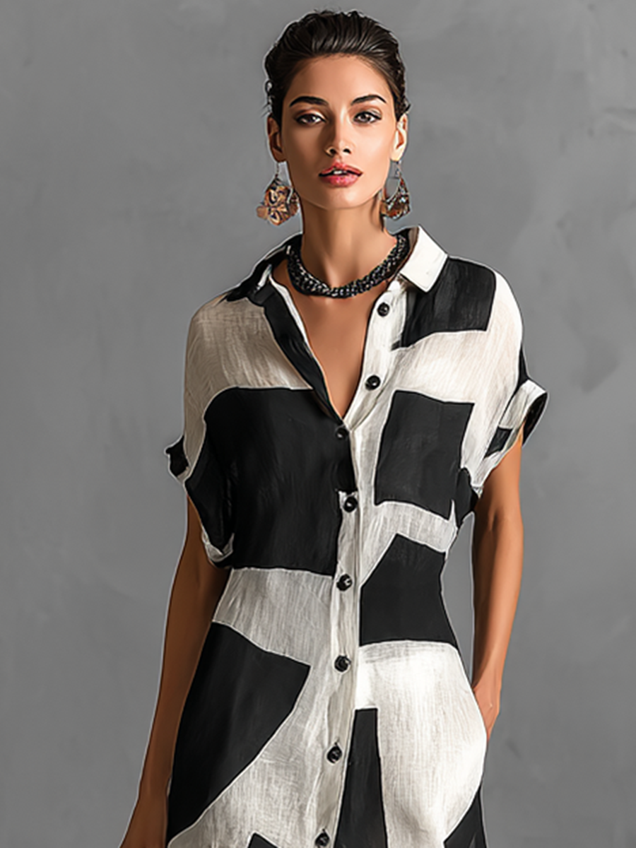 Sofia – Abito a camicia lungo in cotone e lino con collo risvoltato