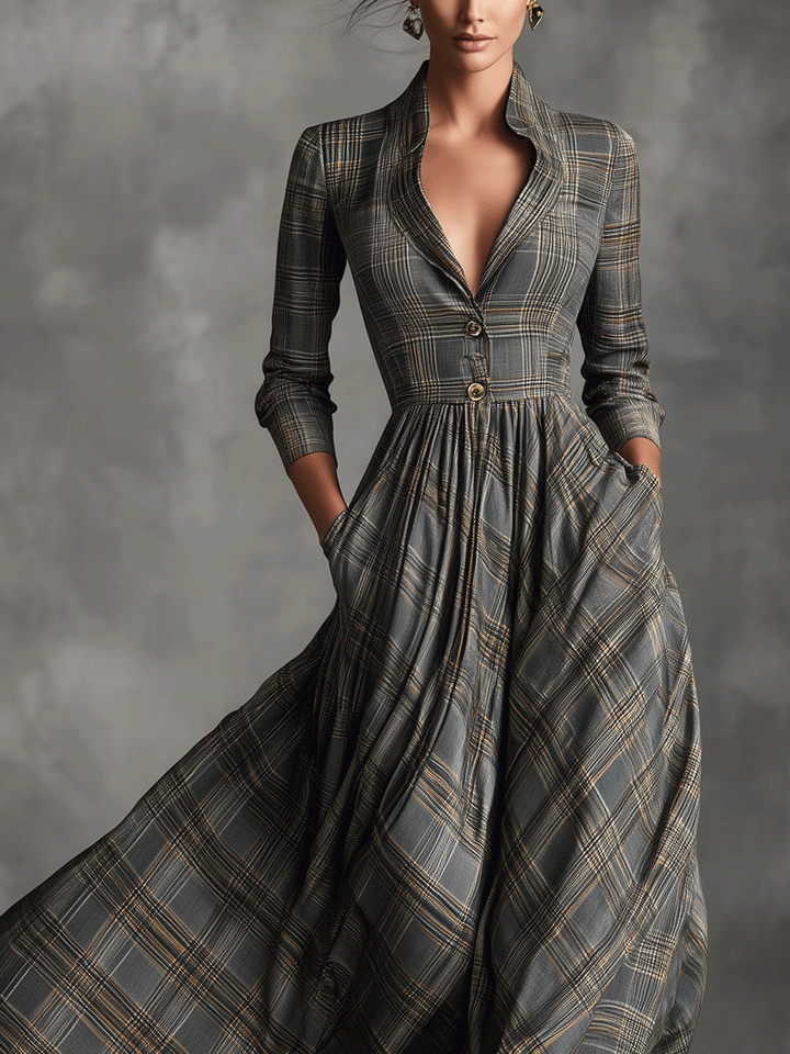 Camilla – Abito maxi flare in lino misto grigio con motivo tartan