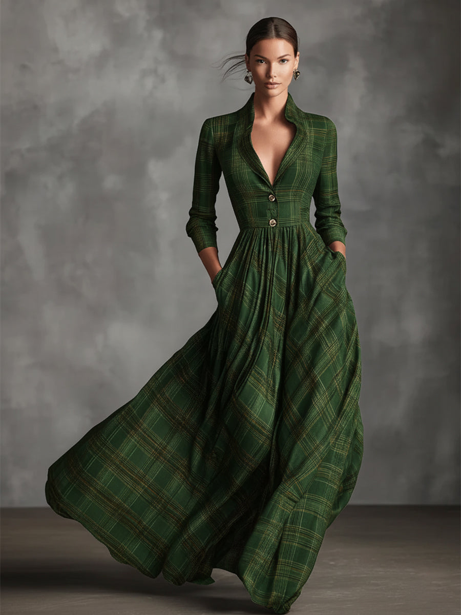 Camilla – Abito maxi flare in lino misto grigio con motivo tartan