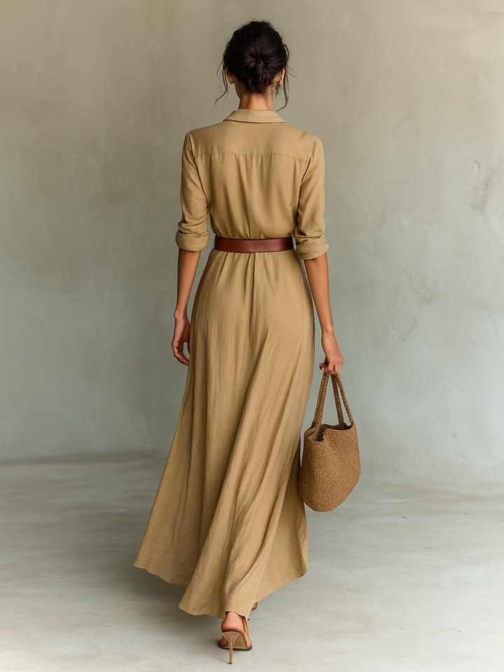 Carmen – Abito lungo in denim con cintura e maniche lunghe