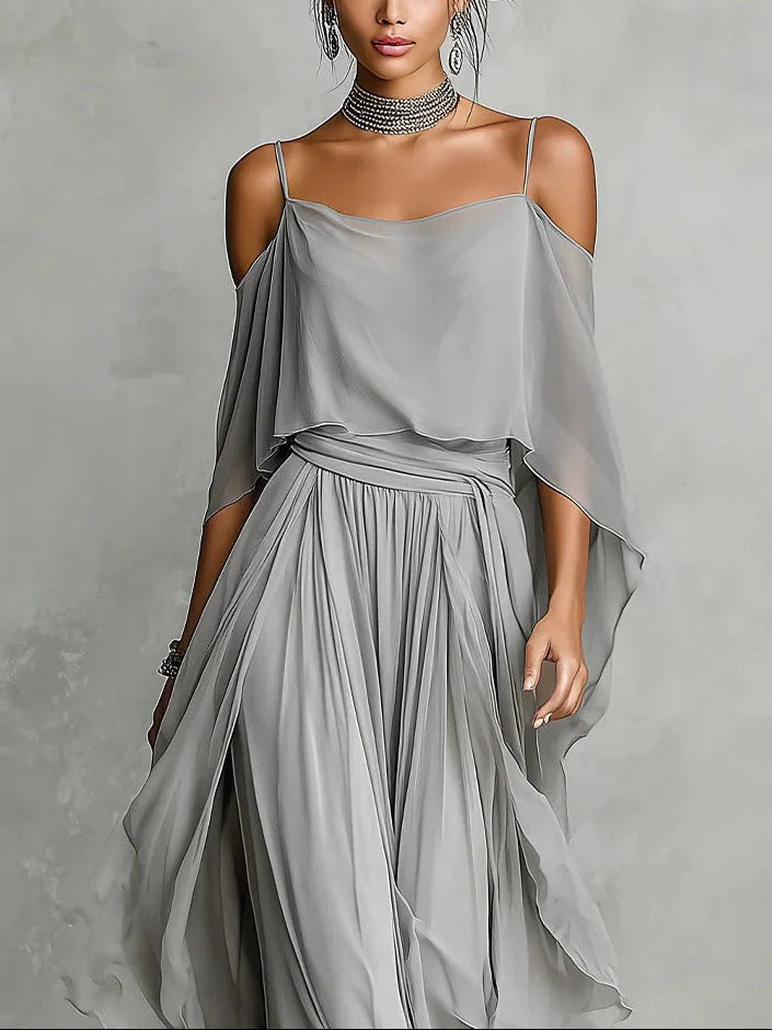 Isabela - Completo fluido grigio con top a spalline e pantaloni leggeri