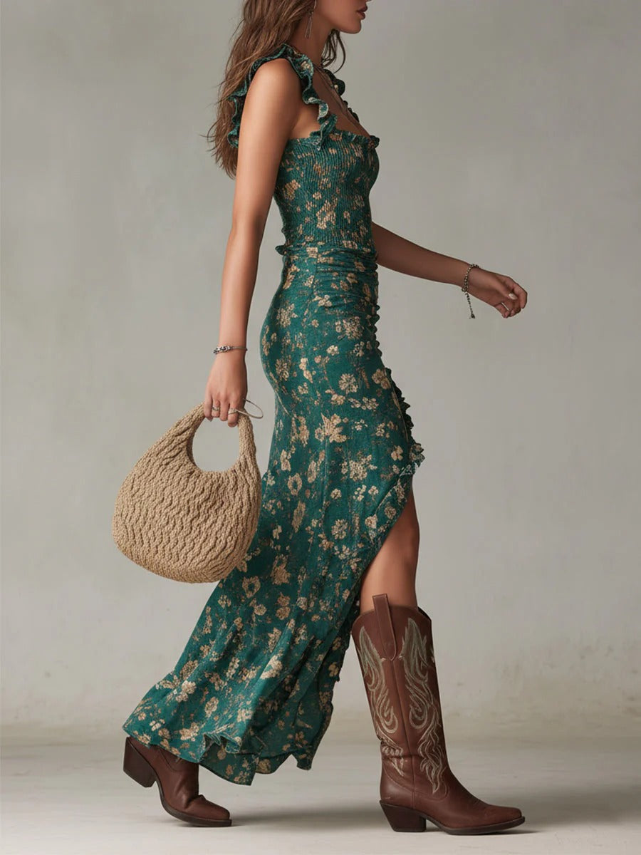 Zara – Abito maxi boho retro con maniche fluide e spacco laterale