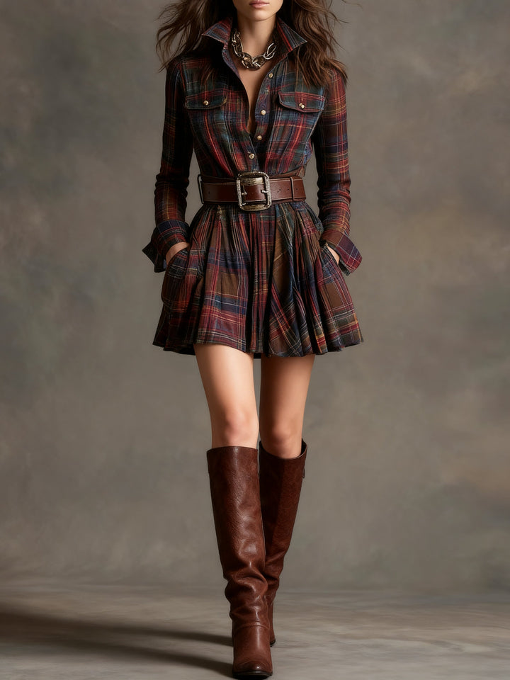 Vittoria – Vestito mini vintage a colletto a quadri rosso e marrone
