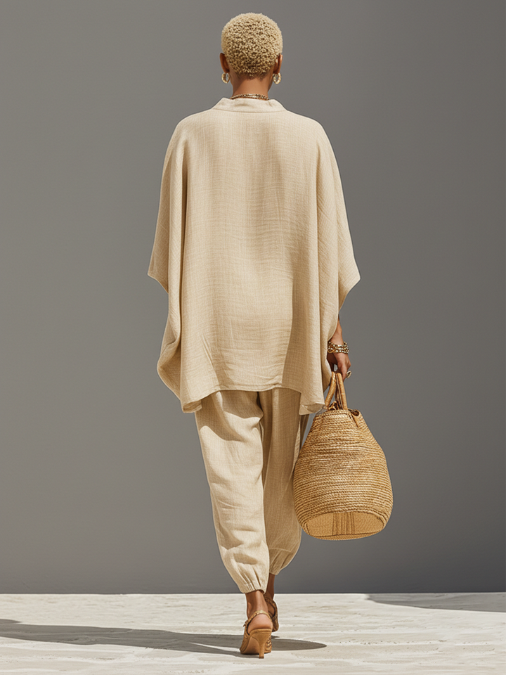 Donna – Set di lino neutro da donna con orlo asimmetrico e design minimalista